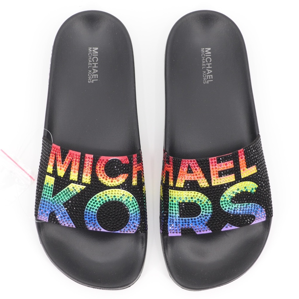 Michael Kors 6 Gilmore Embellished Slide Sandals Black Multi